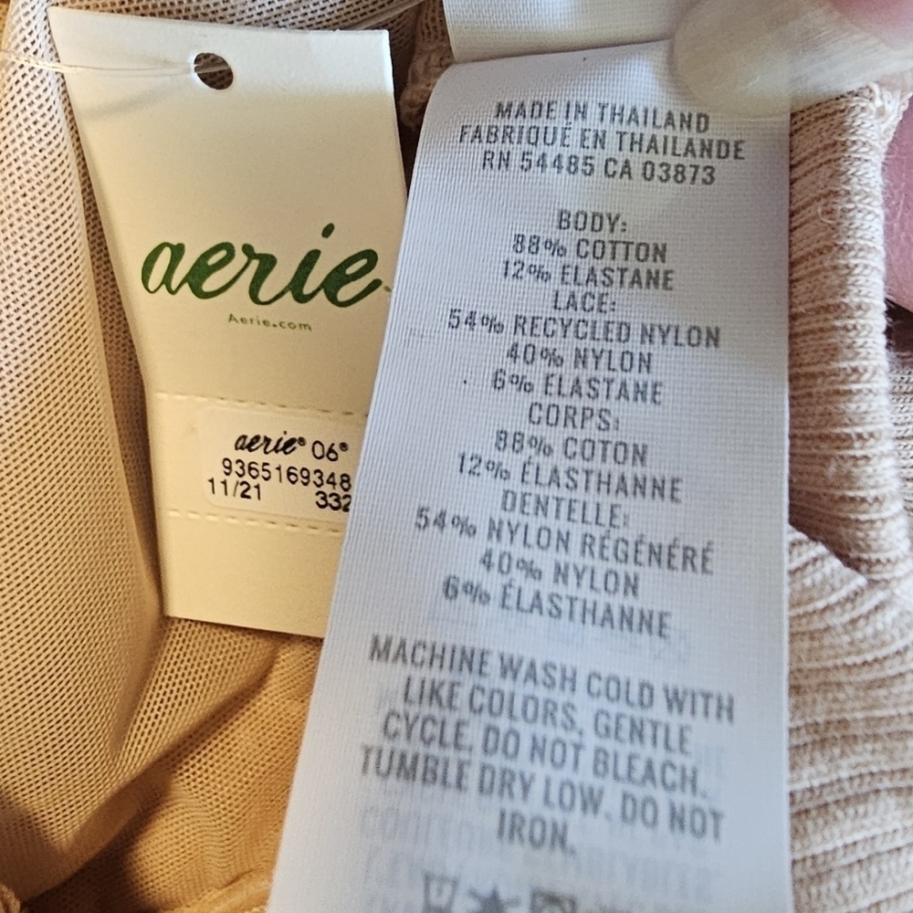 Aerie Ribbed Eyelash Lace Trim Longline Bralette, Tan, Size Medium - Picture 6 of 9
